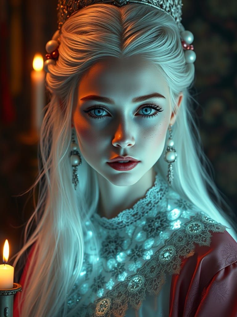 Ghostly Empress with Opaline Skin in Hyperrealistic Style