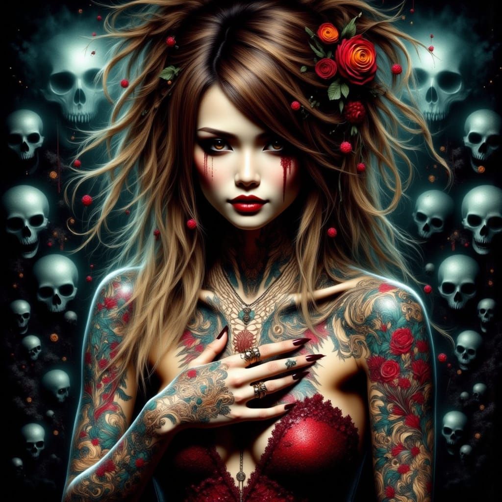 Stunning Woman with Baroque Tattoos in Dark Fantasy