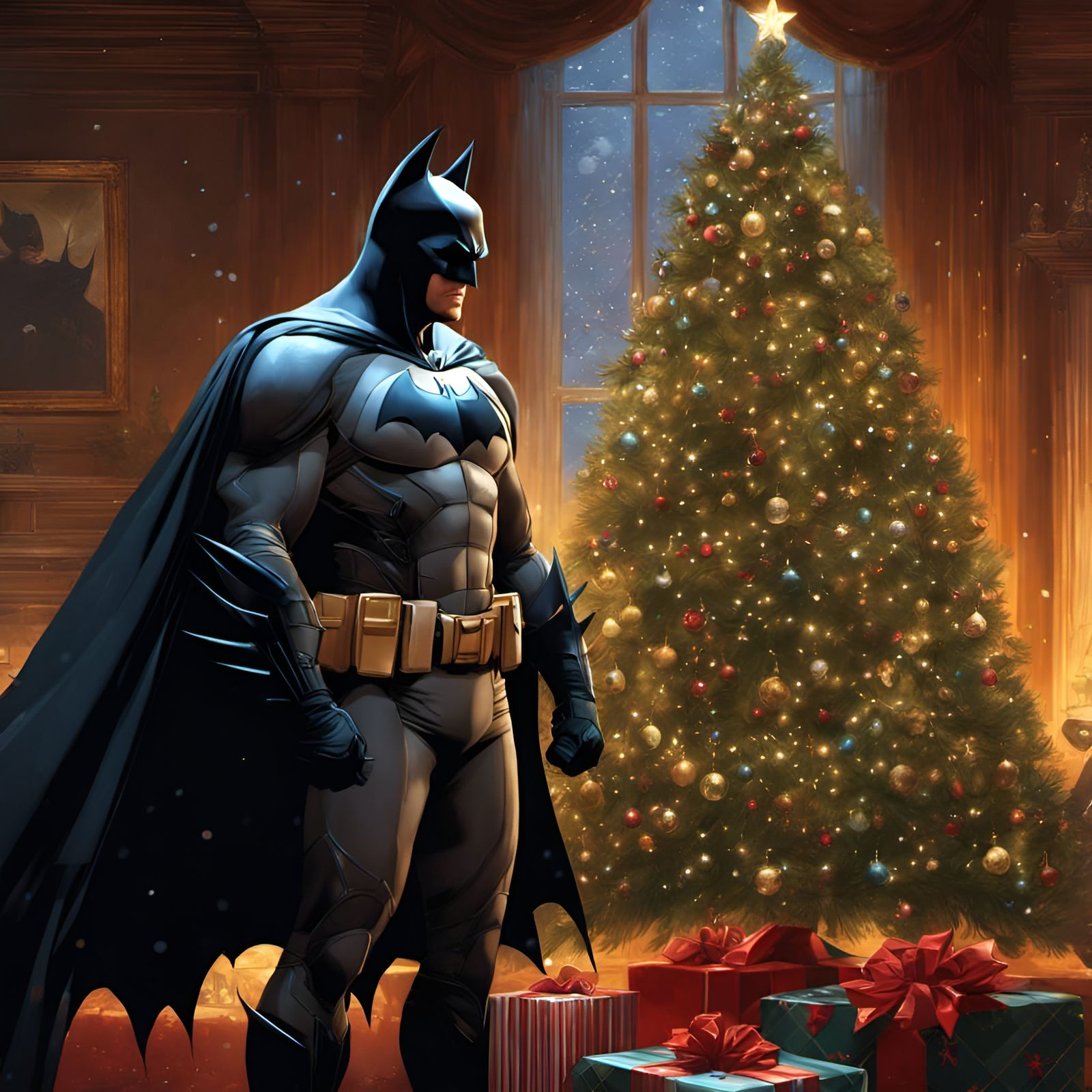 Batman Portrait with Christmas Tree, Digital Illustration