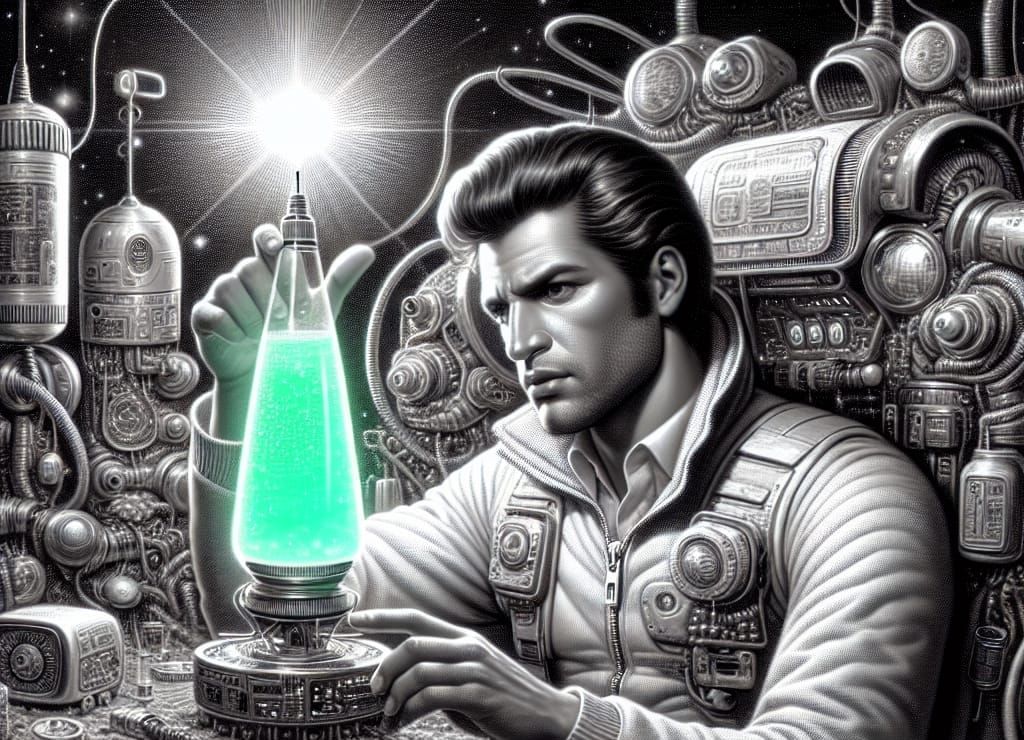 Sci-Fi Hispanic Man Works on Mint Jetbrain in Grayscale