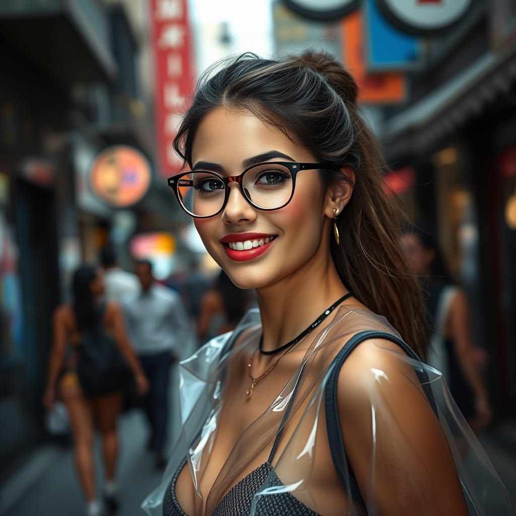 Stylish Young Woman Walks Down Bustling Street in Exotic, Tr...