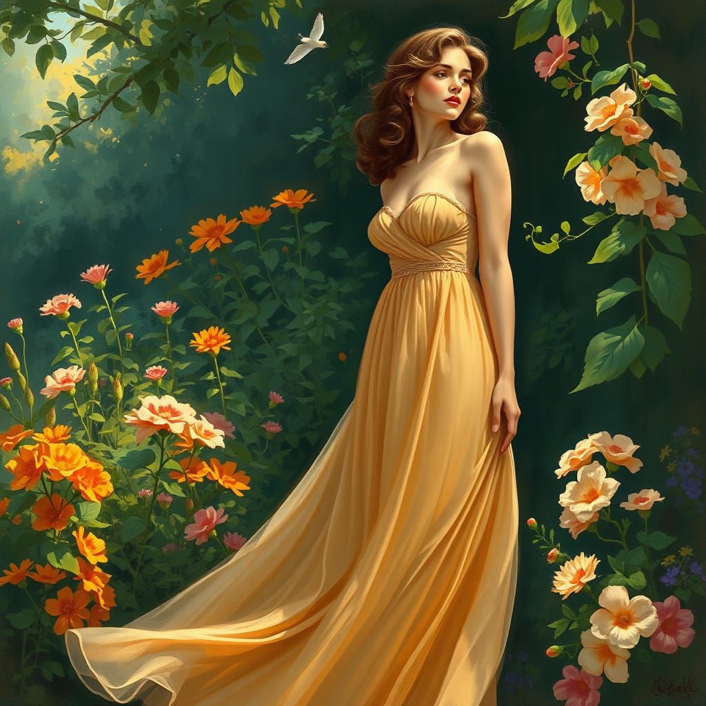 Woman in Sundress Surrounded by Flowers in Classical Style