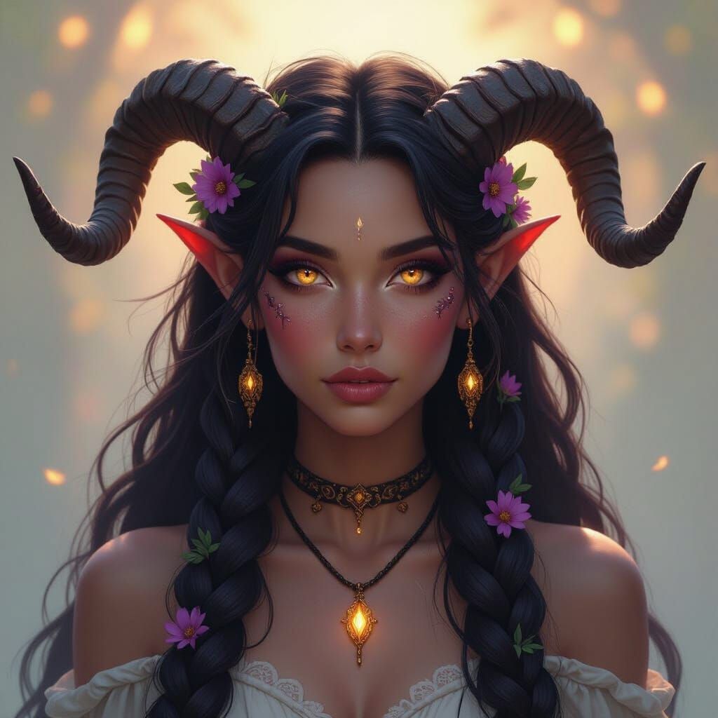 Tiefling Druid with Flowers in Hair, Golden Eyes