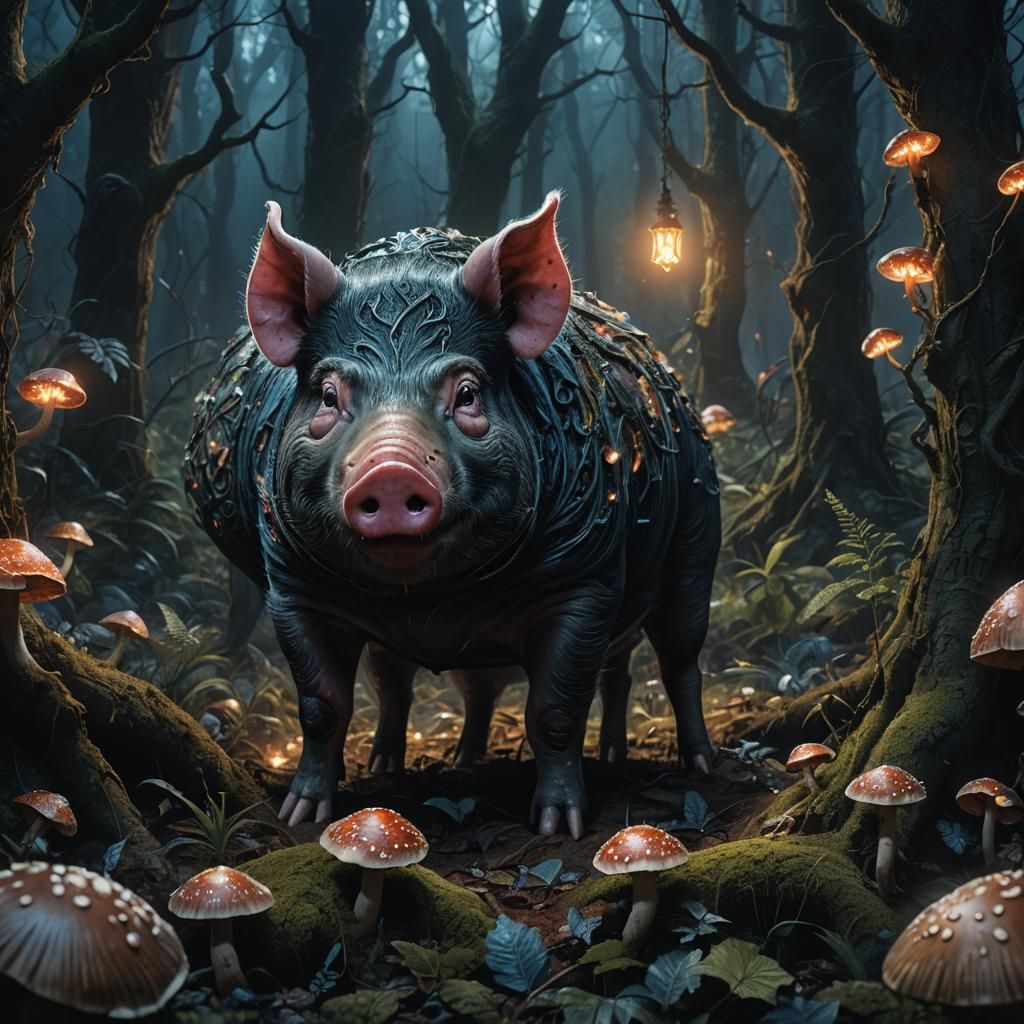 Evil Pig Smiles in Dark Fantasy Forest