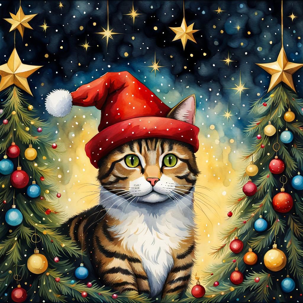 Festive Cat in Watercolor Christmas Art