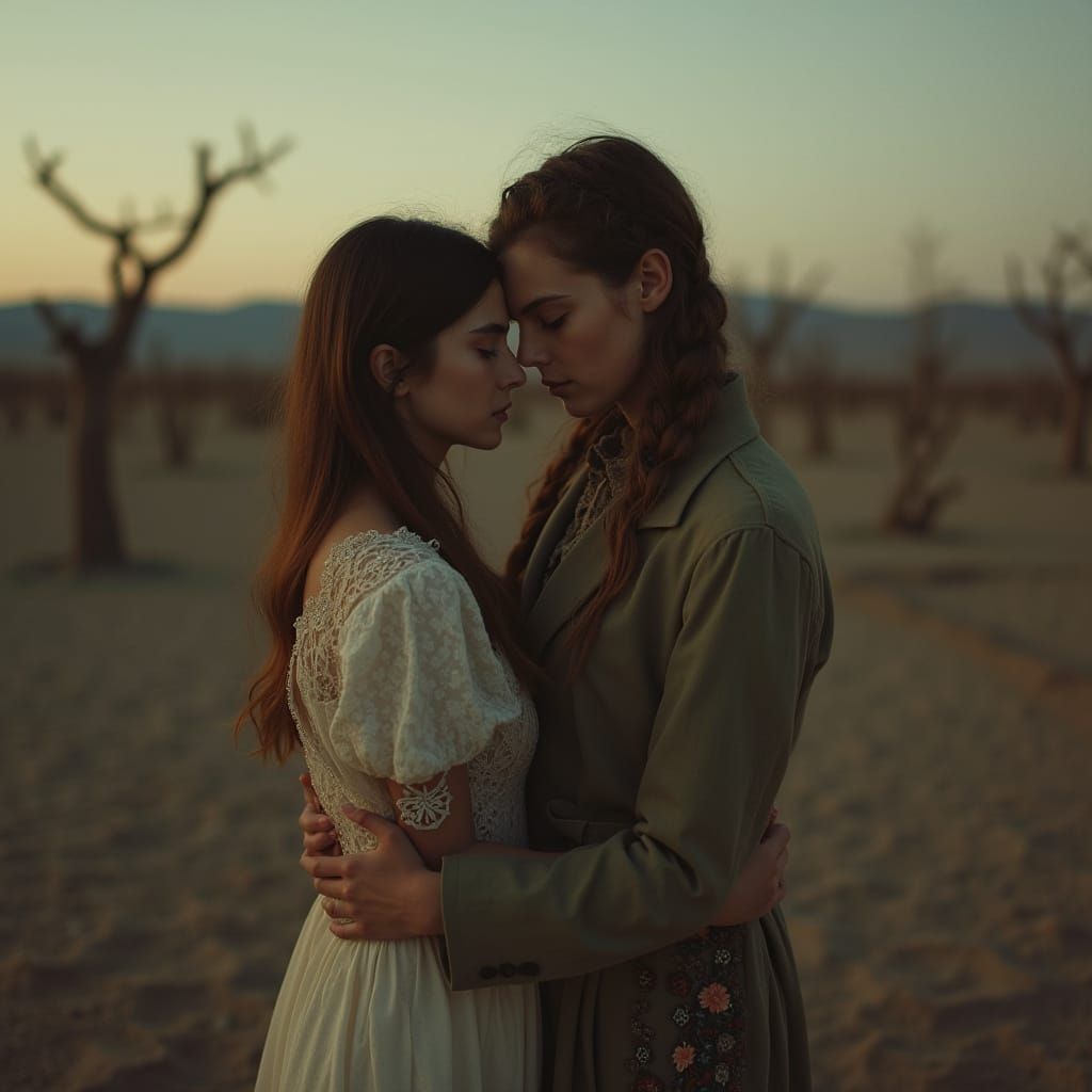 Woman Embraced in Barren Landscape, Emotional Depth