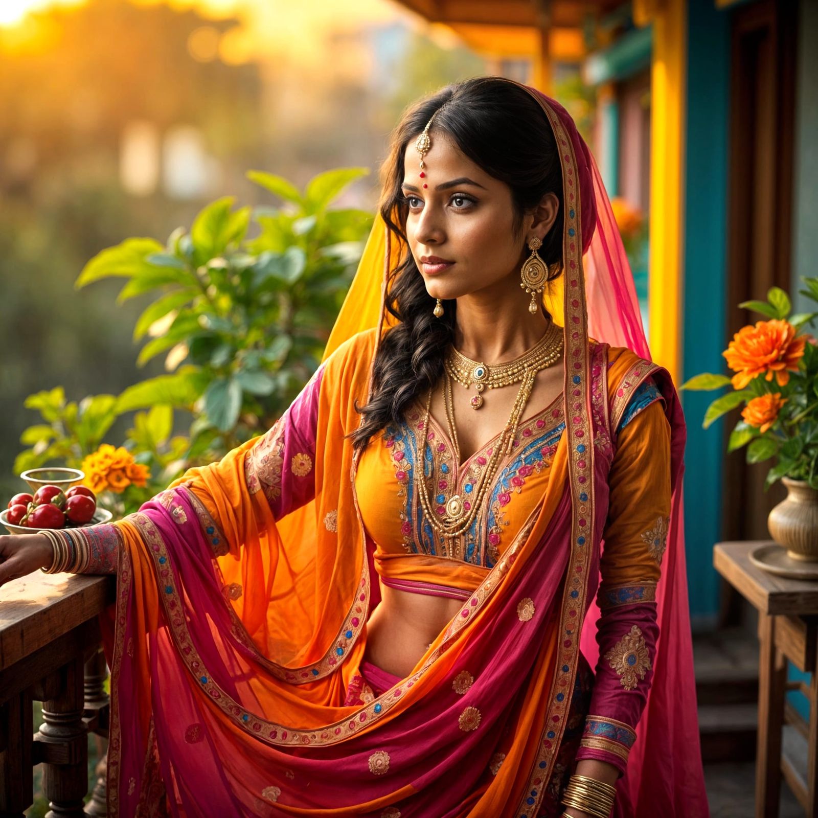 Exotic Punjabi Beauty in Vibrant Sari on Balcony