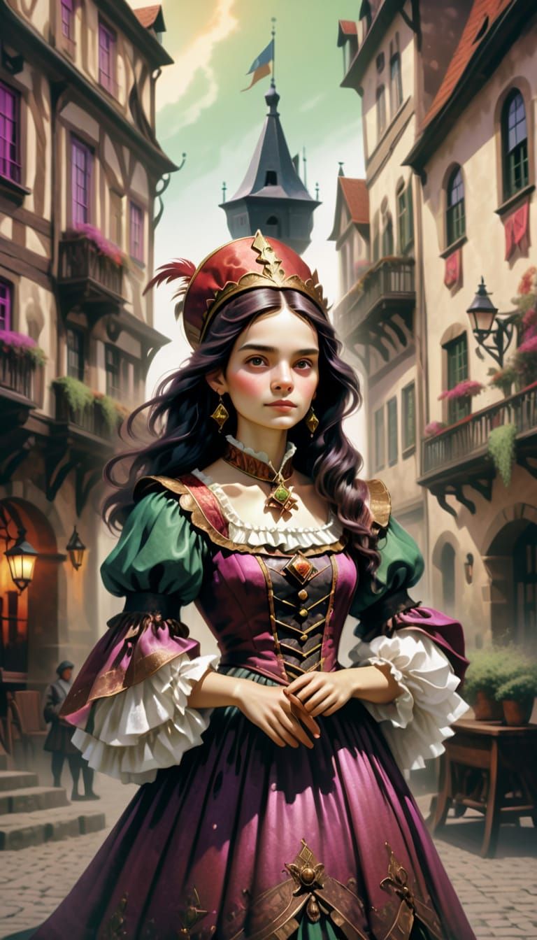 Woman in Deserted Town Square, in Stipple Art Style