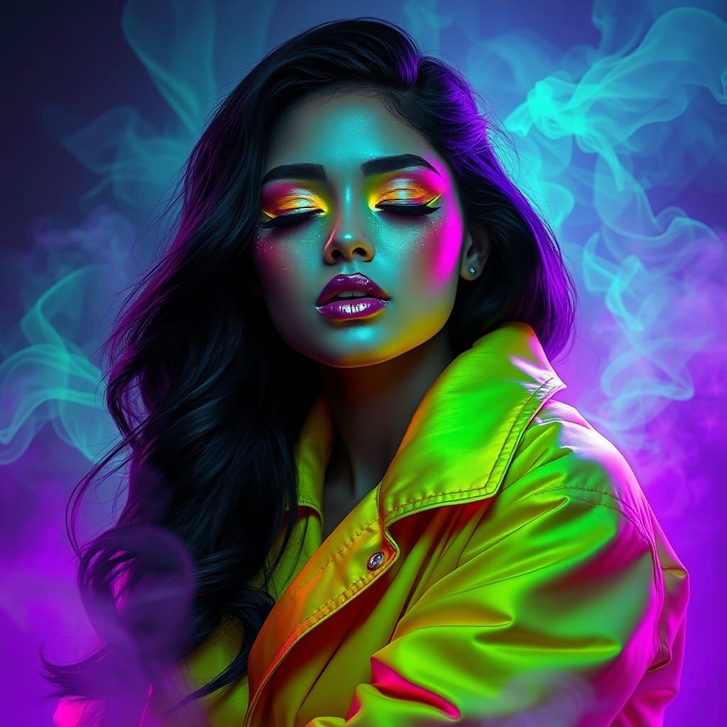 Futuristic Woman Portrait with Neon Makeup and Smoke