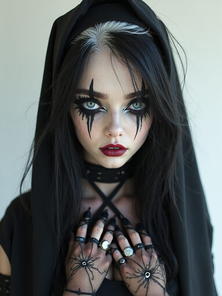 Gothic Goddess in Grunge Attire with Bold Makeup