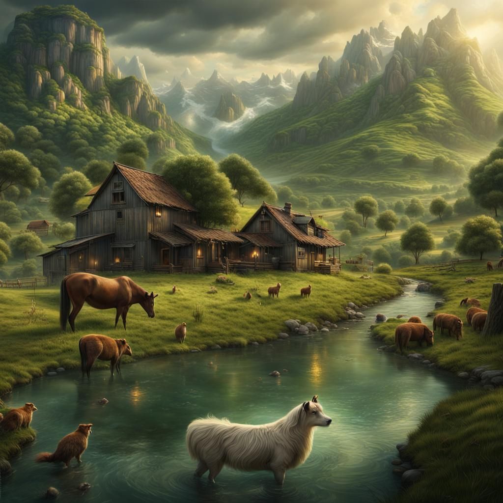 Farm with Animals in Mountain Landscape: Digital Matte Paint...