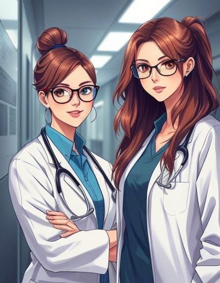 Anime Style: Two Female Doctors with Eyeglasses