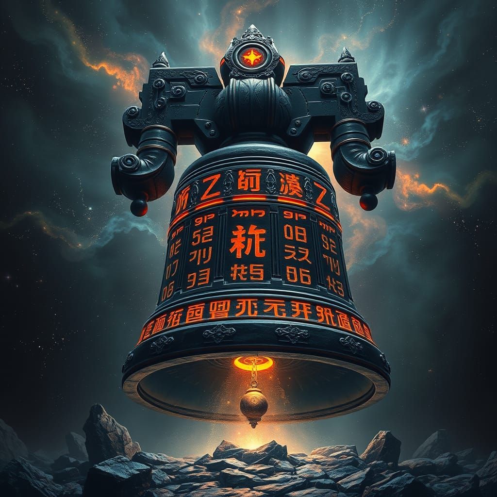 Colossal Obsidian Bell in Cosmic Nebula