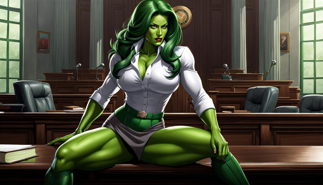 Hyperrealistic She-Hulk in Courtroom