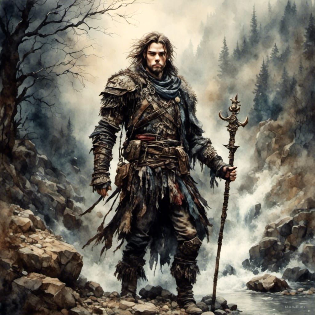 Lonely Creature in Epic Landscape, Antique Watercolor Style