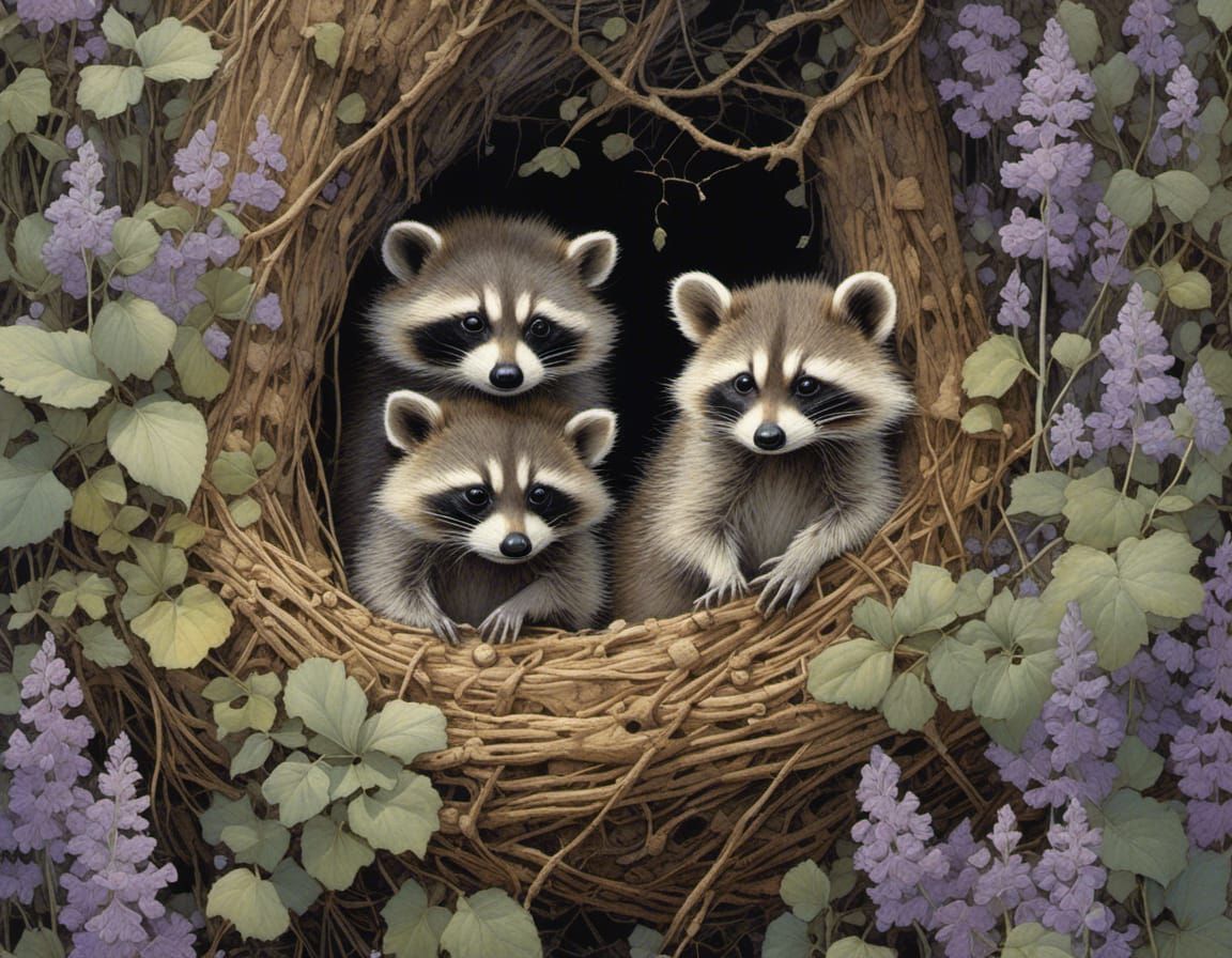 Baby Raccoons Discover Violet Evening Light