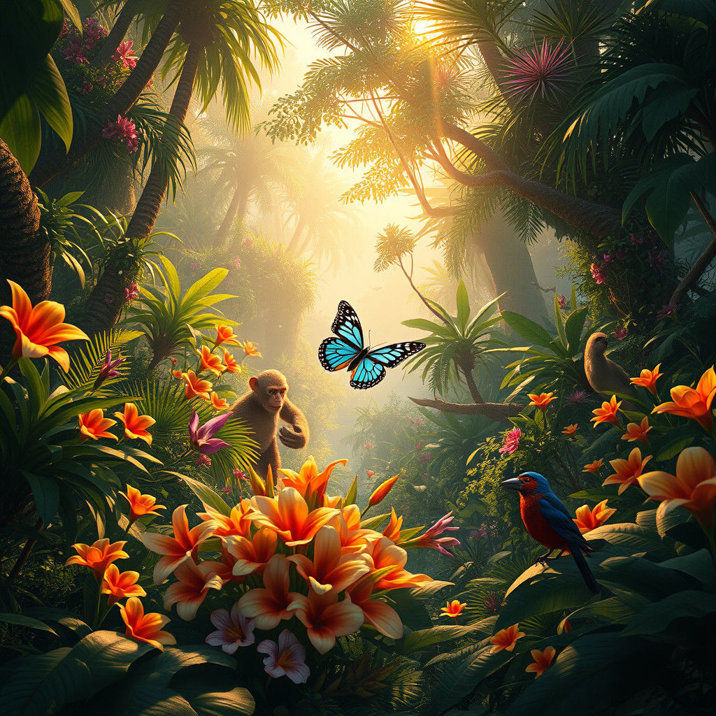 Lush Jungle Clearing with Exotic Wildlife