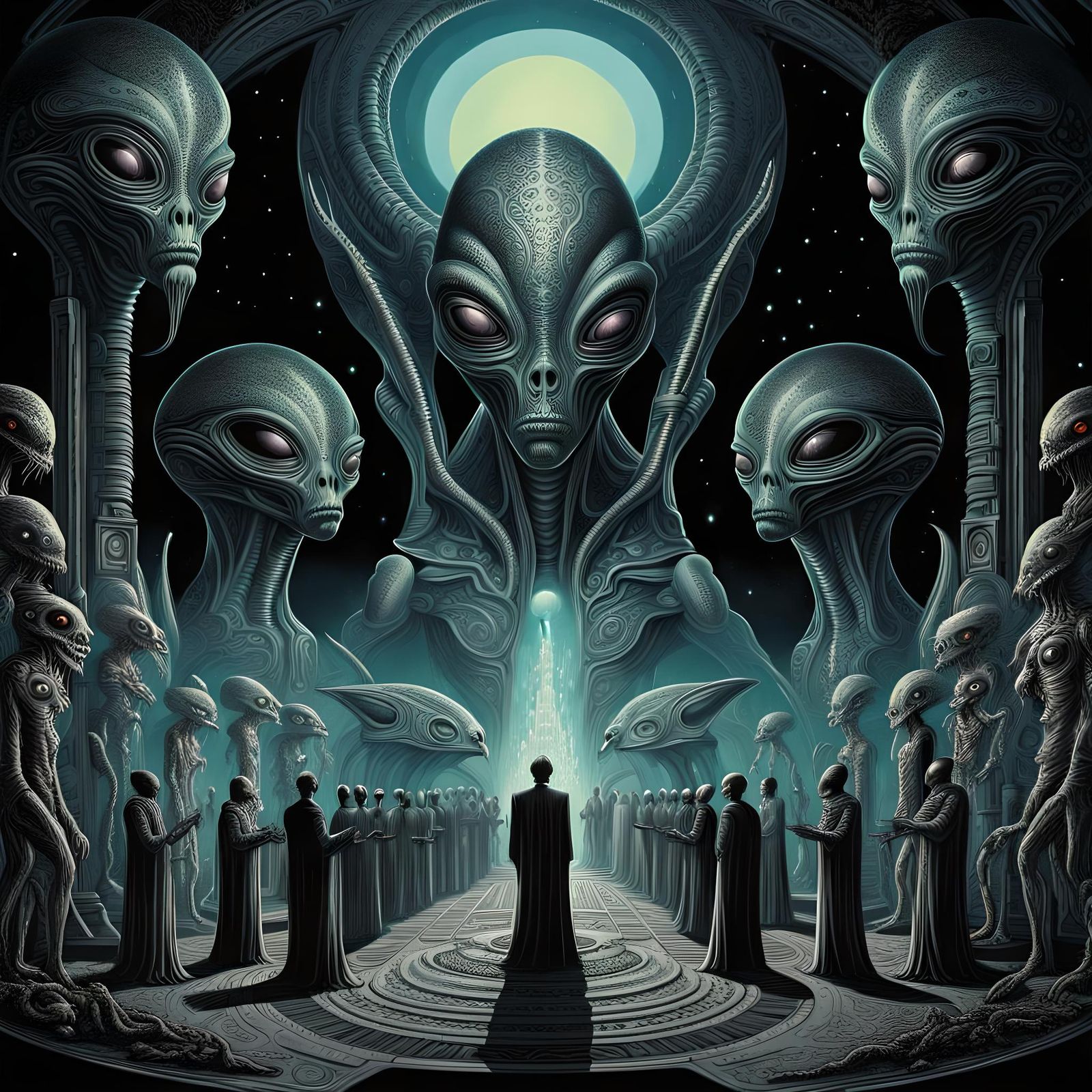 Alien Ceremony in Style of Philippe Caza