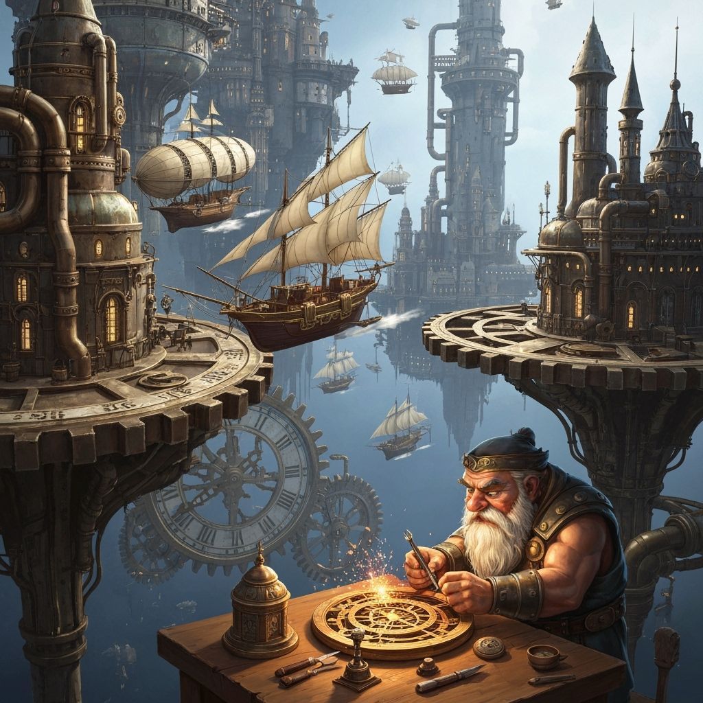 Steampunk City on Gears in Space with Airships