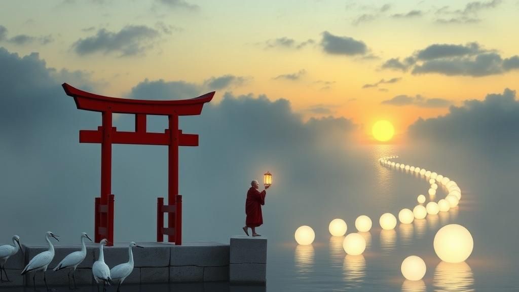 Cranes and Monk at Twilight: Surreal Dreamscape