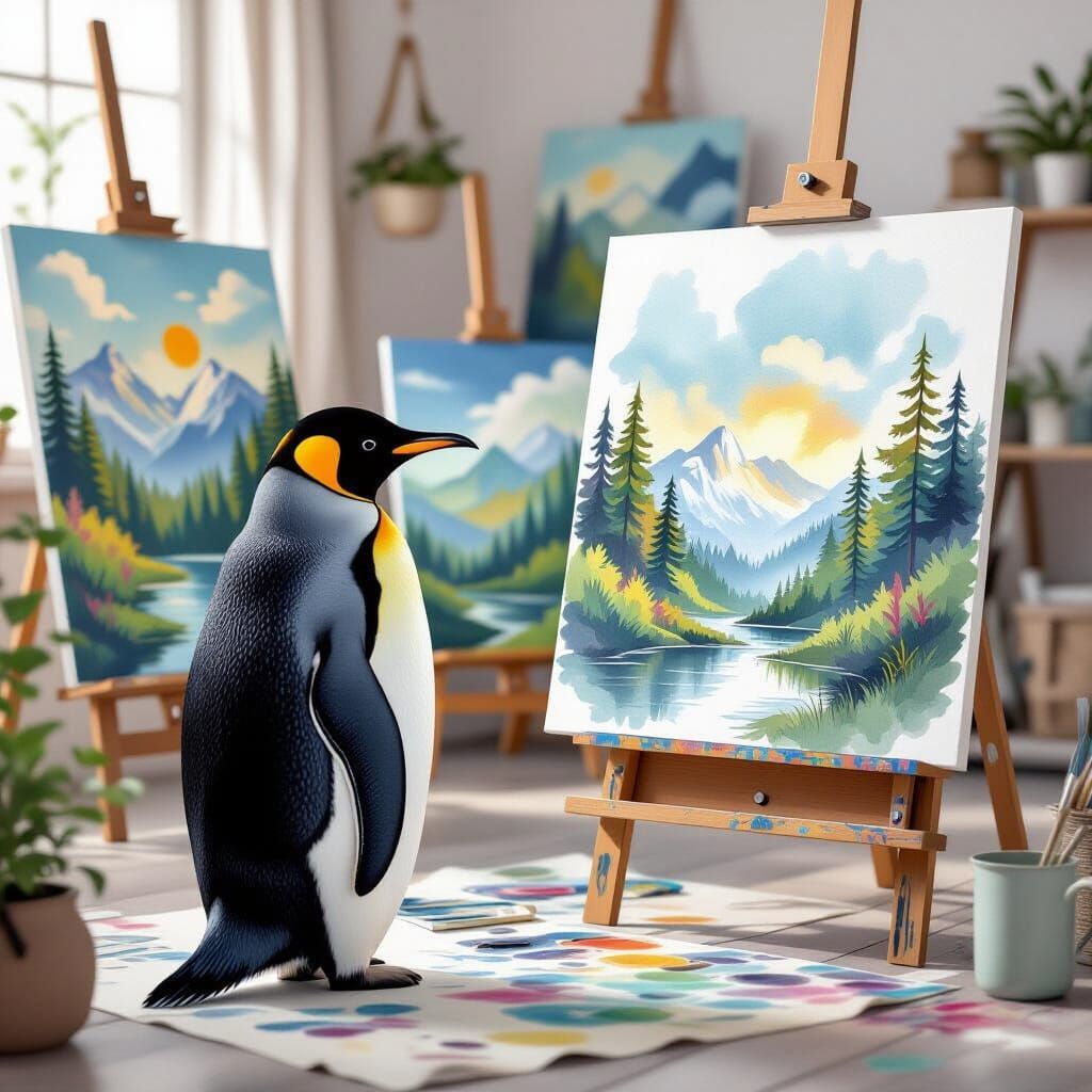 Penguin Artist in Studio, Watercolor Forest Painting