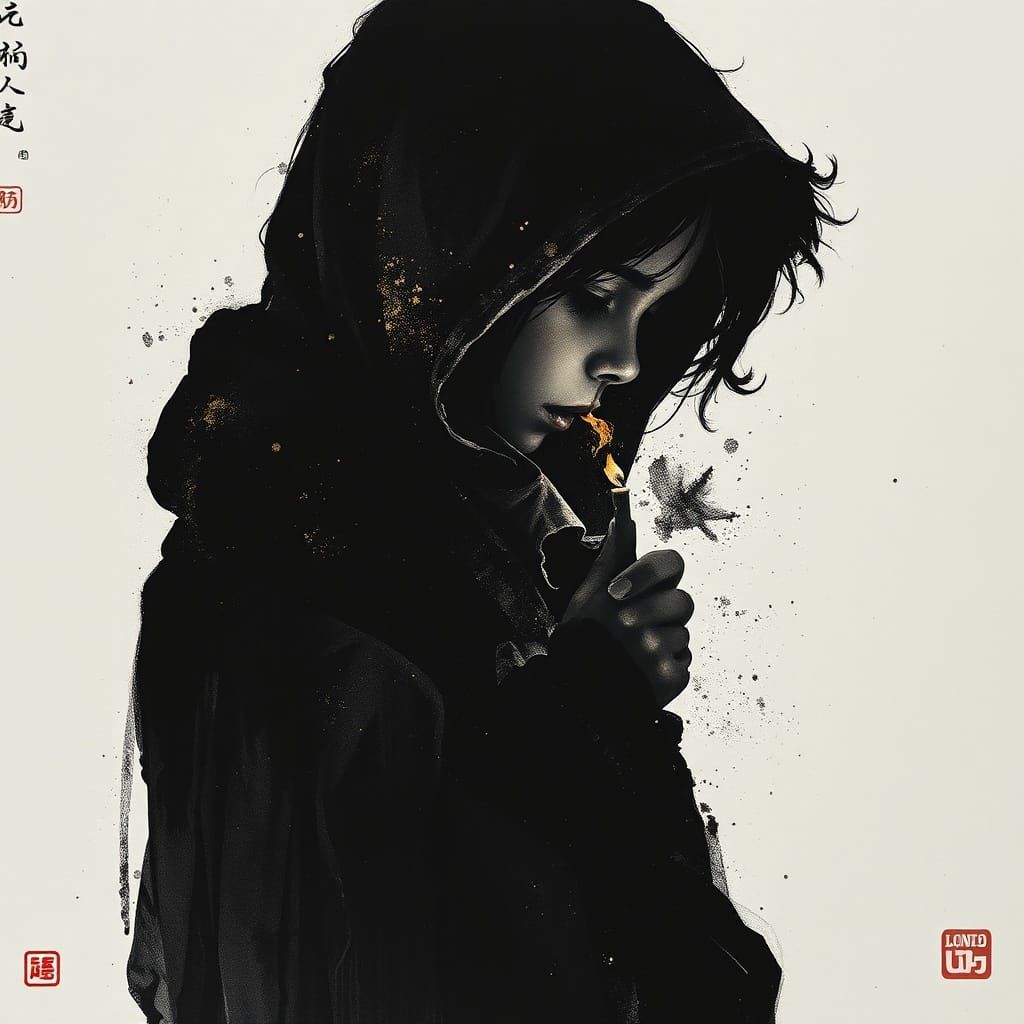 Victorian Girl in Darkness with Gold Leaf Sumi-e