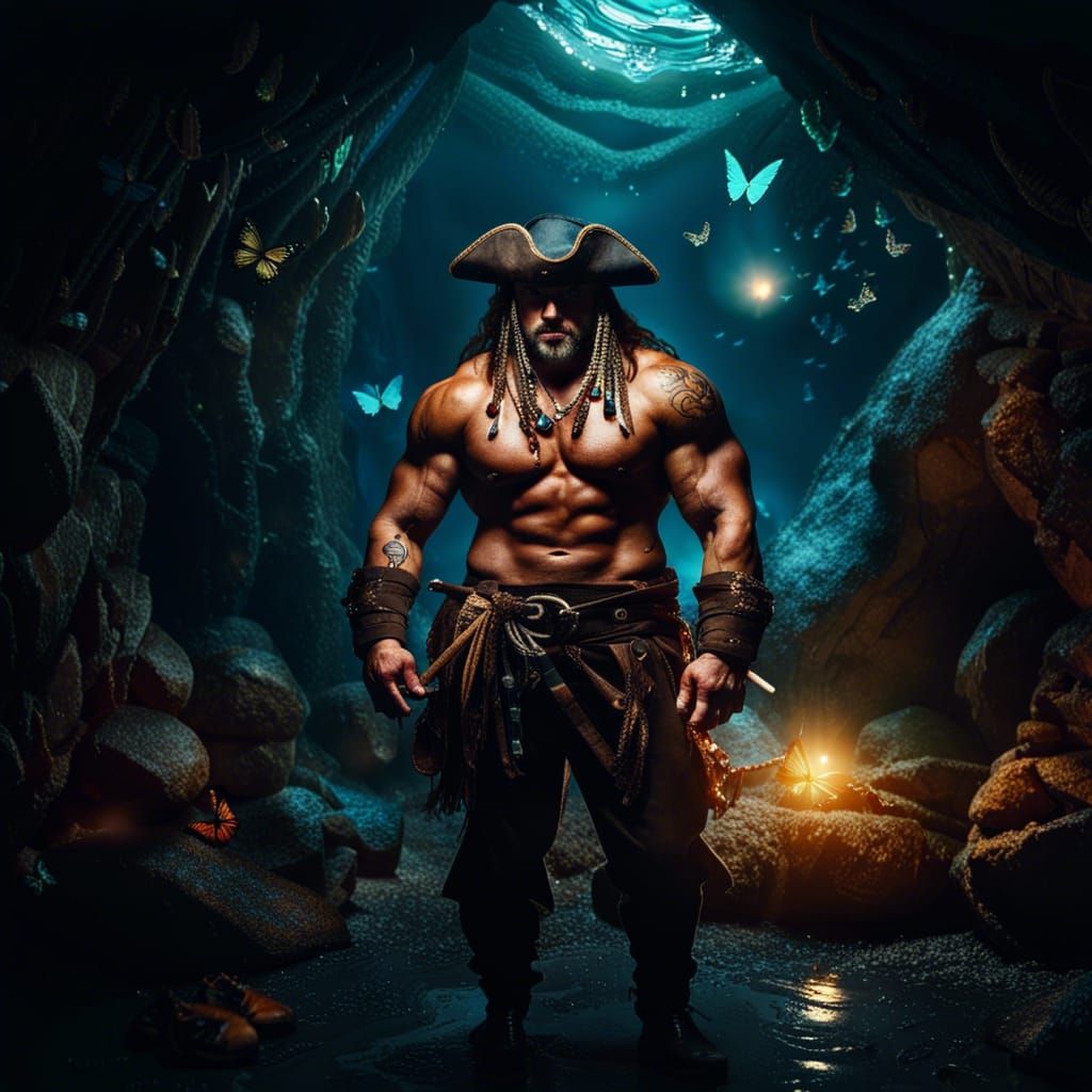 Muscular Pirate Hides in Secret Cave with Bioluminescence