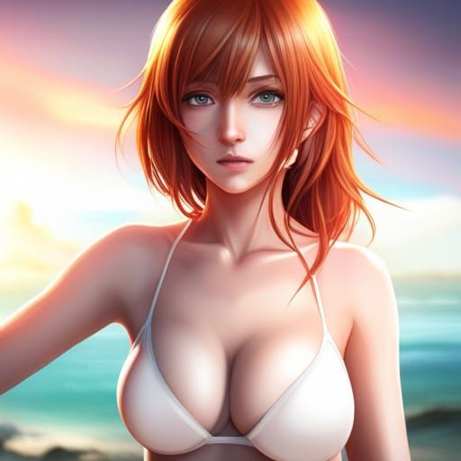 Anime Girl with Red Hair in Swimsuit