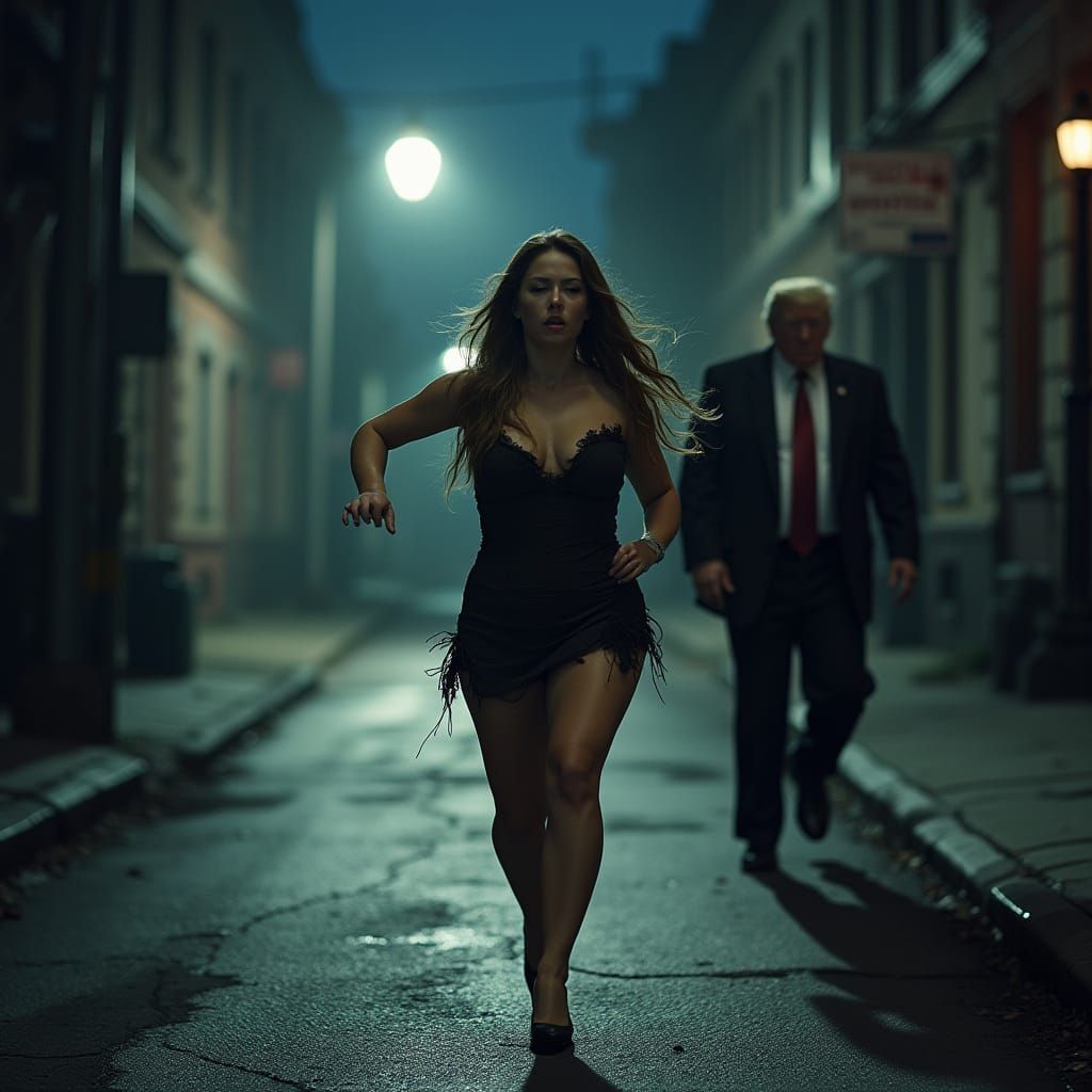 Woman Running in Fear on a Desolate Street