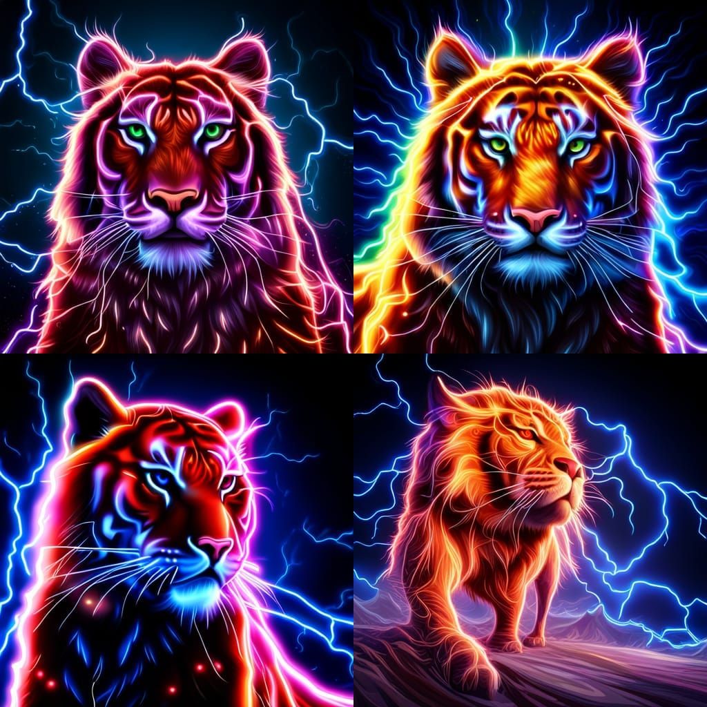 Neon Tiger Roaring in Electric Storm: Photorealistic 3D Rend...