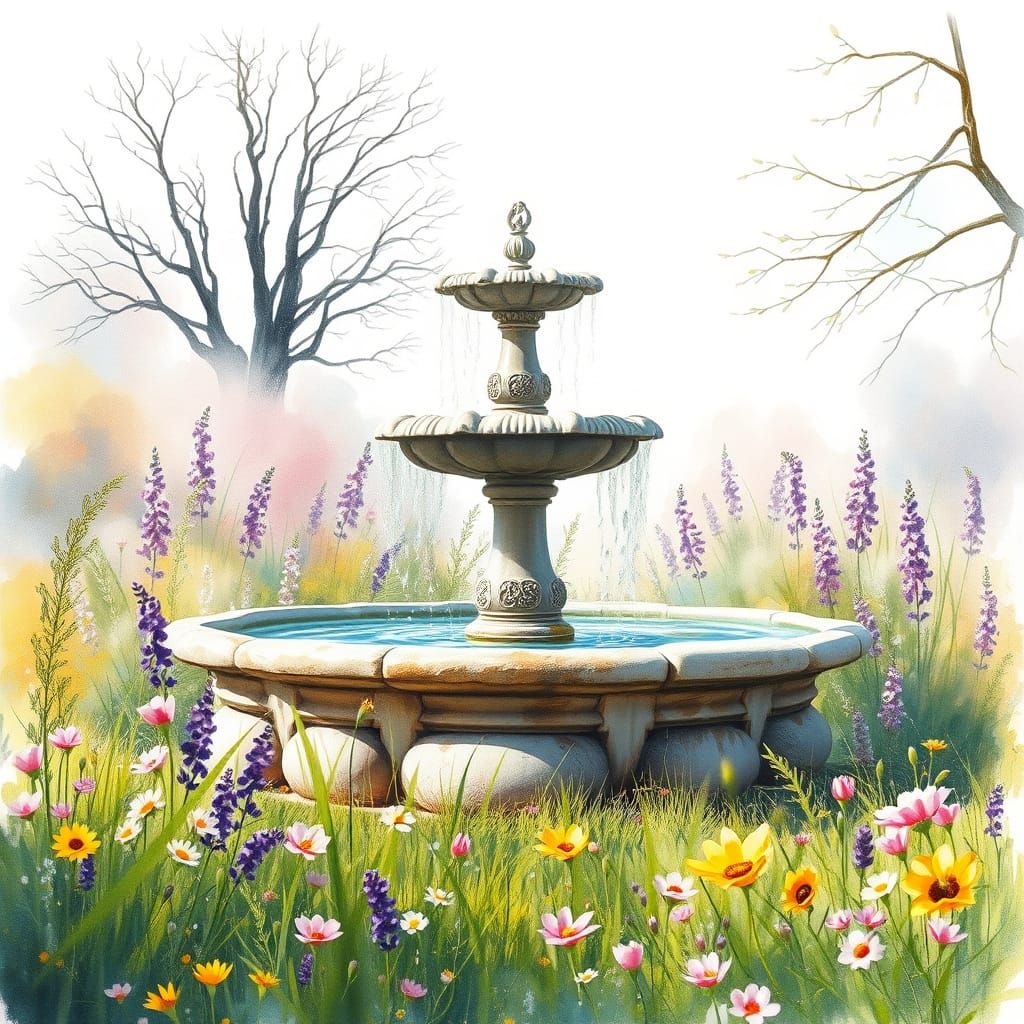 Stone Fountain in Spring Meadow: Watercolour Painting