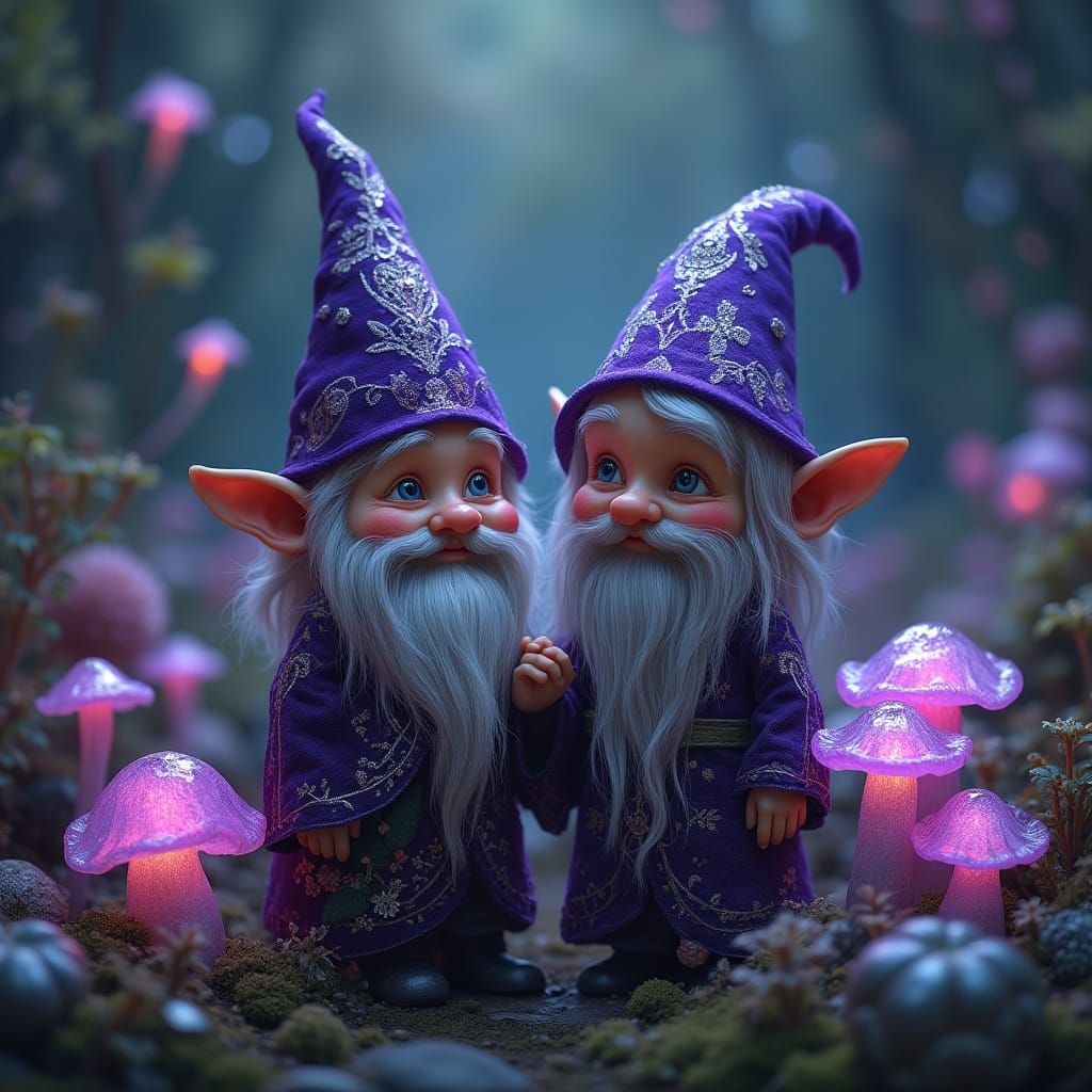 Whimsical Gnome Couple in Lush, Glowing Garden