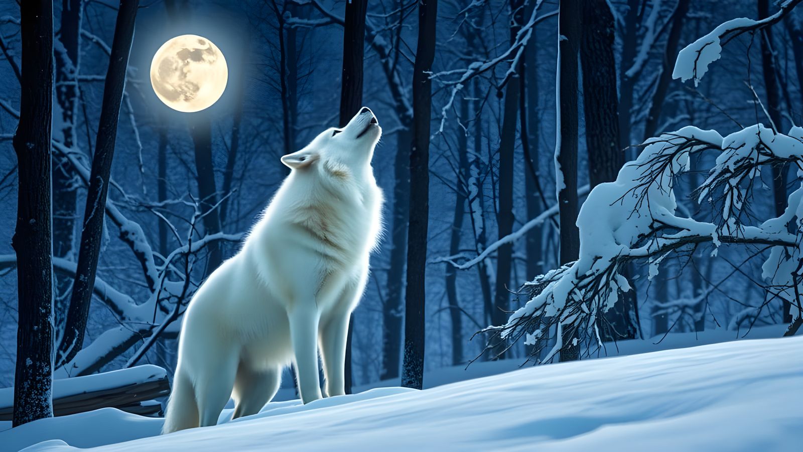 White Wolf Howling at Moon in Winter Forest