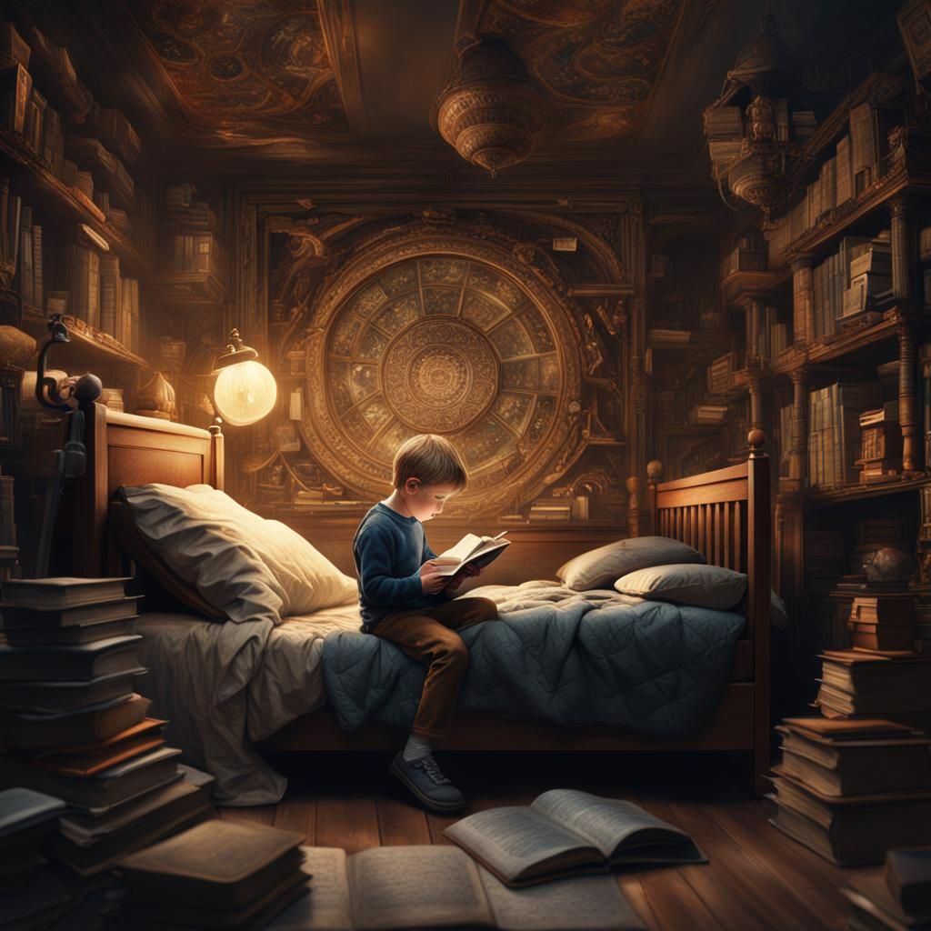 Boy Reading a Story in Bed: Cinematic Digital Art