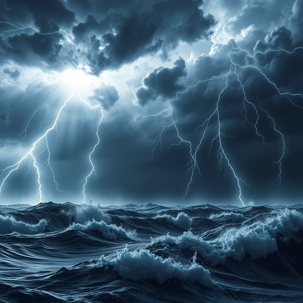 Dark Fantasy Thunderstorm Over Raging Sea
