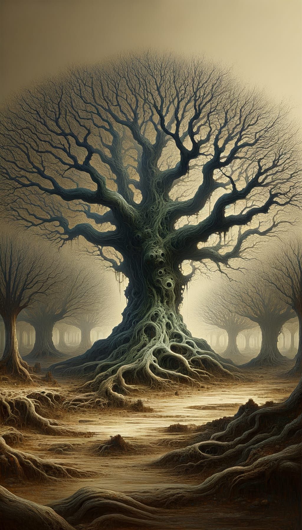 Menacing Tree in Spooky Forest as Oil Painting