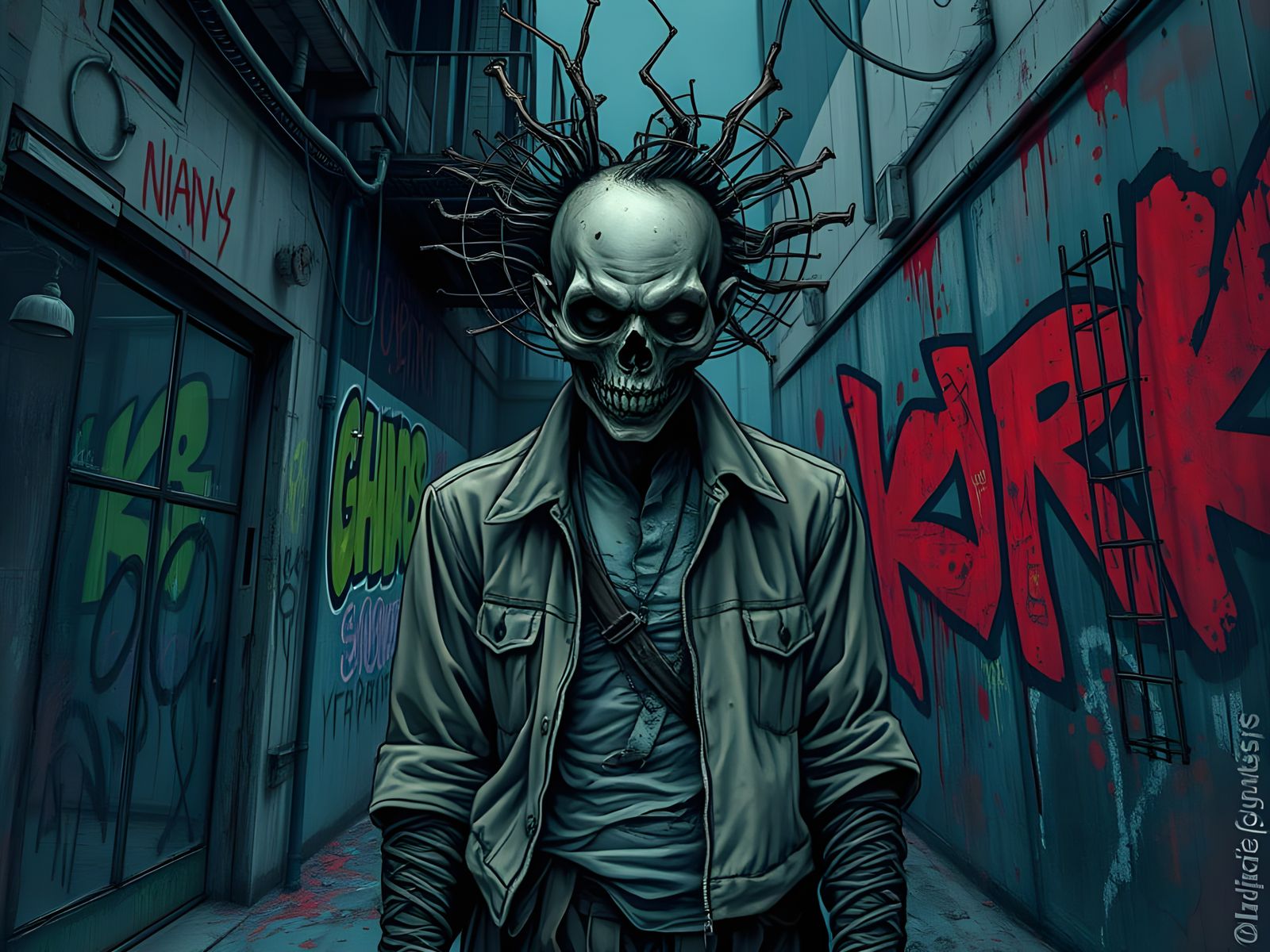 Eerie Urban Figure in Junji Ito-Inspired Graffiti Art