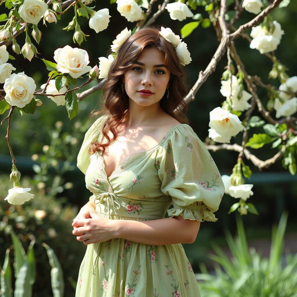 Elegant Woman in Rose Garden, Art Nouveau Style