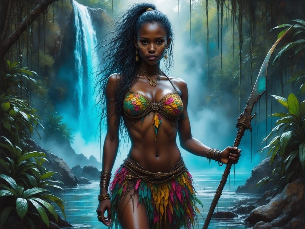 Dark-Skinned Warrior in Feathered Bikini in Misty Jungle