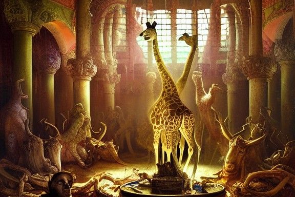 Giraffe Ritual Sacrifice in Temple: Hyperrealistic Illustrat...