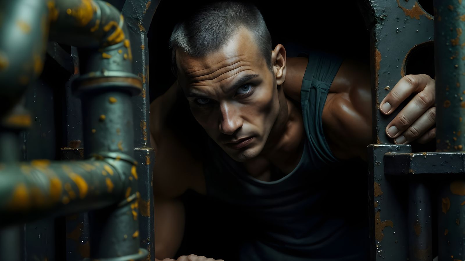 WWI Sailor Escaping Prison in Steampunk Horror Style