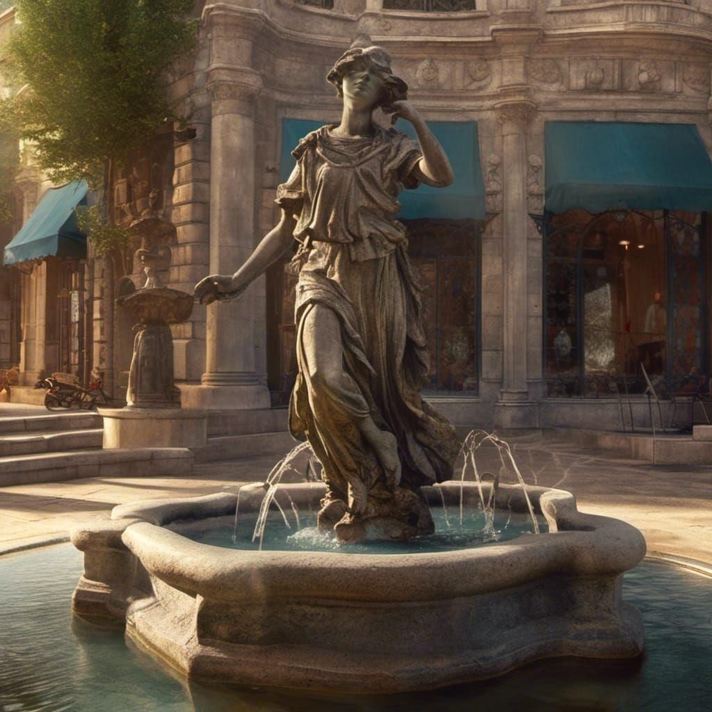 <lora:Live Statues SDXL:1.0> Ornate concrete fountain, in the center concrete statue of a woman