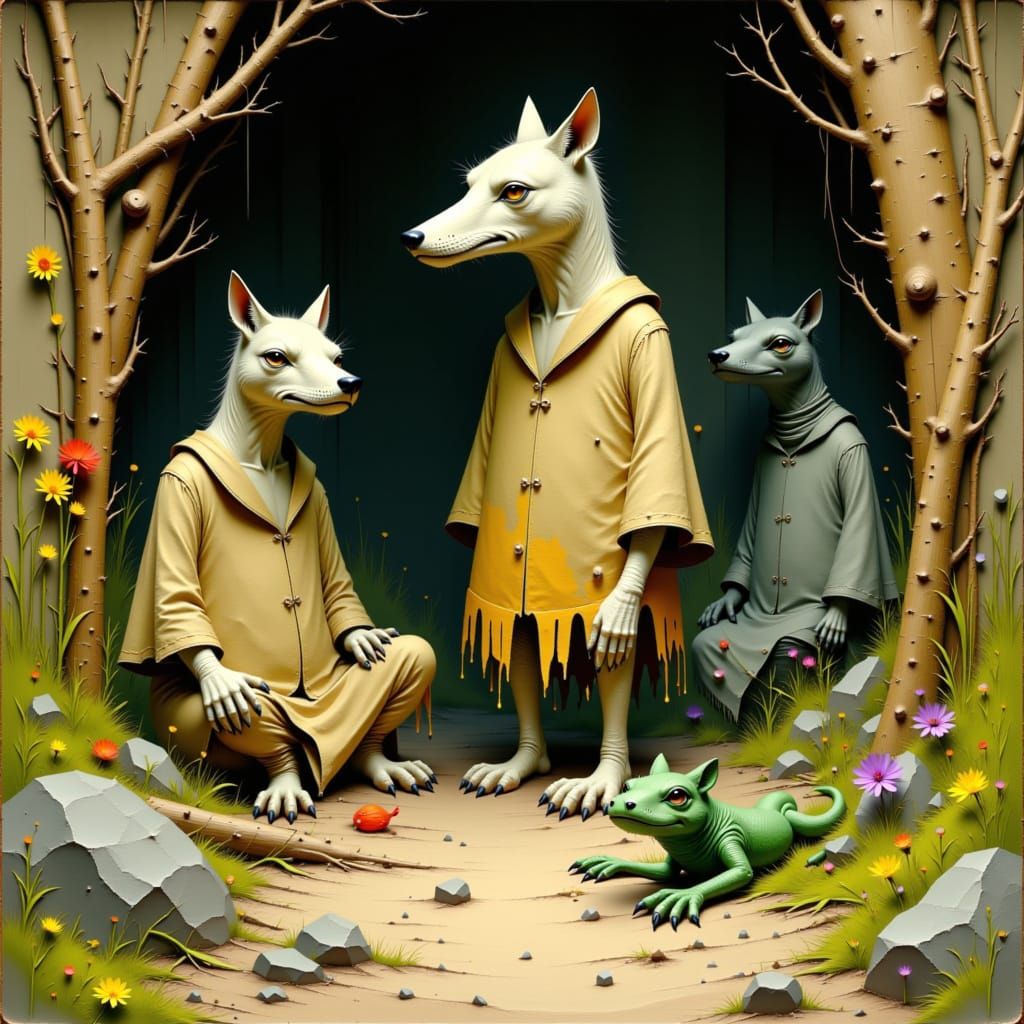 Coyote and Lizard Sweathouse Figures in Whimsical Style