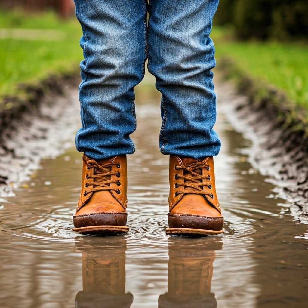 Child's Feet Splash in Puddle of Water with Fresh Mud