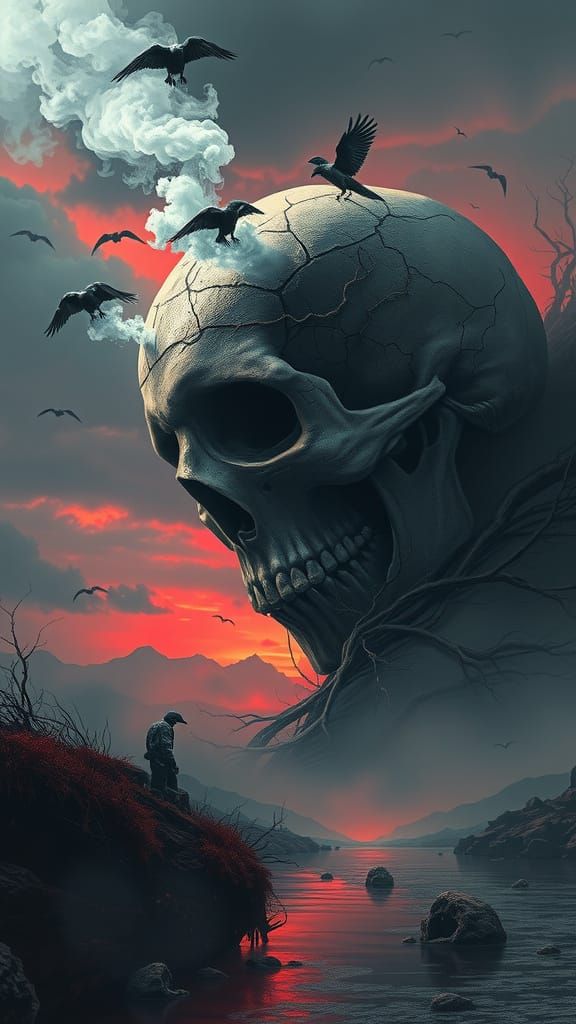 Haunting Skull in Desolate Dark Fantasy Landscape