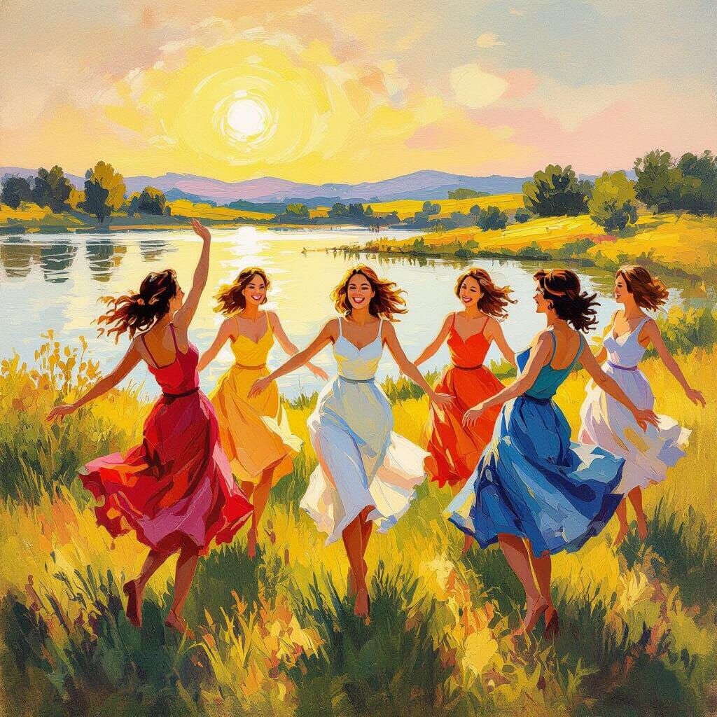 Joyful Women Dancing by Lake in Fauvist Oil Painting Style