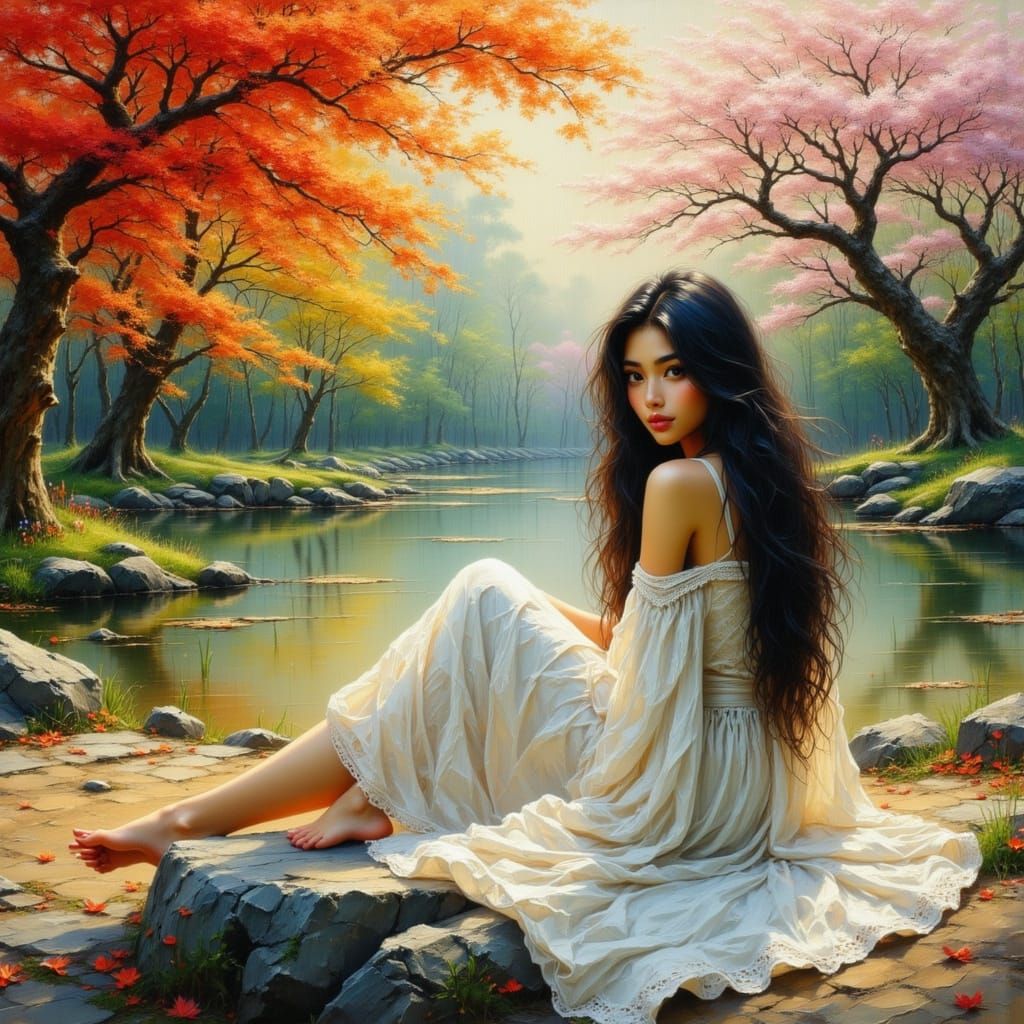 Woman by Pond in Art Nouveau Style