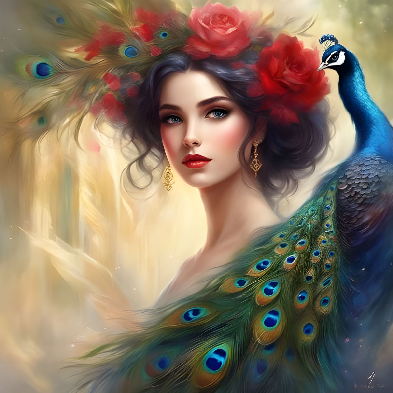 Beautiful Girl with Peacock Feathers