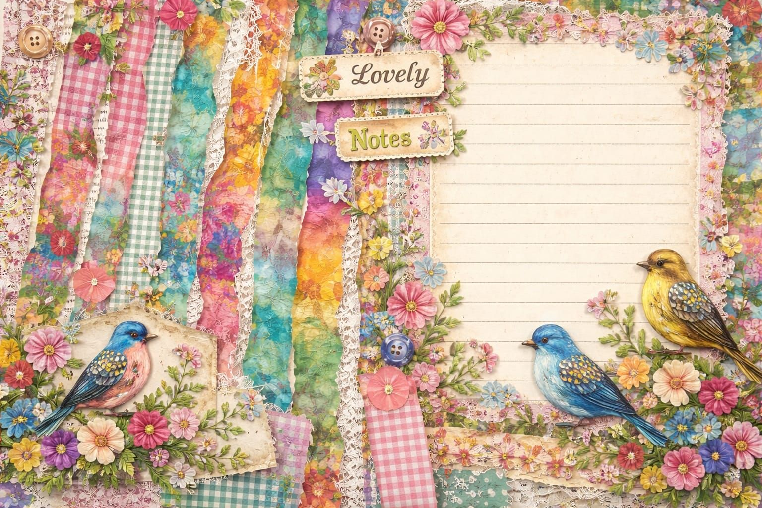 Whimsical Gingham and Floral Fabric Scrapbook Paper