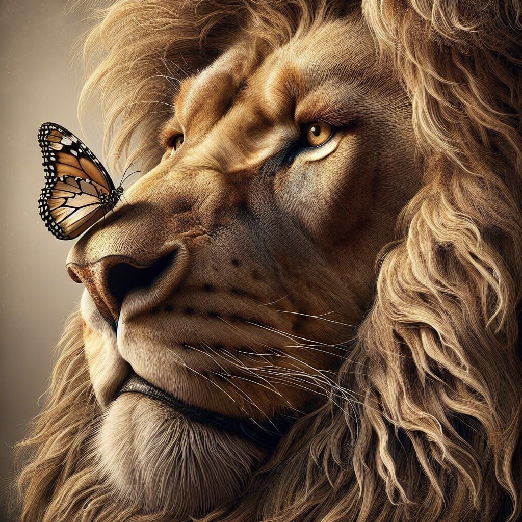 Majestic Lion Portrait with Butterfly